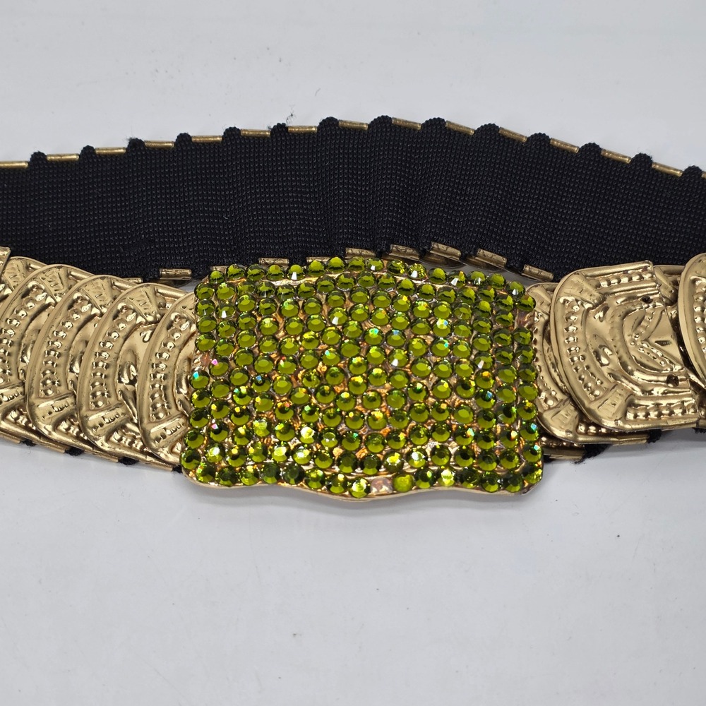 Vintage Waist Belt Stretch Gold Green Rhinestones OS Mermaid Scale Y2K Glam Boho - Picture 3 of 10